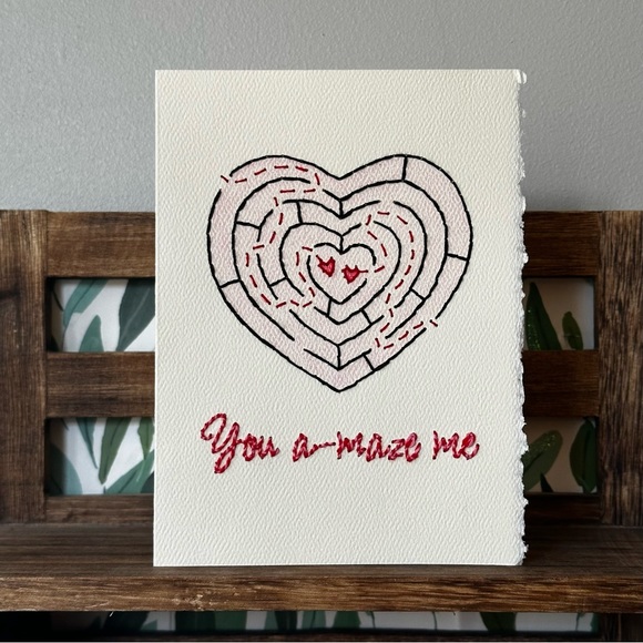Hand-Embroidered Valentine’s Day Card - You A-maze Me - Picture 1 of 2